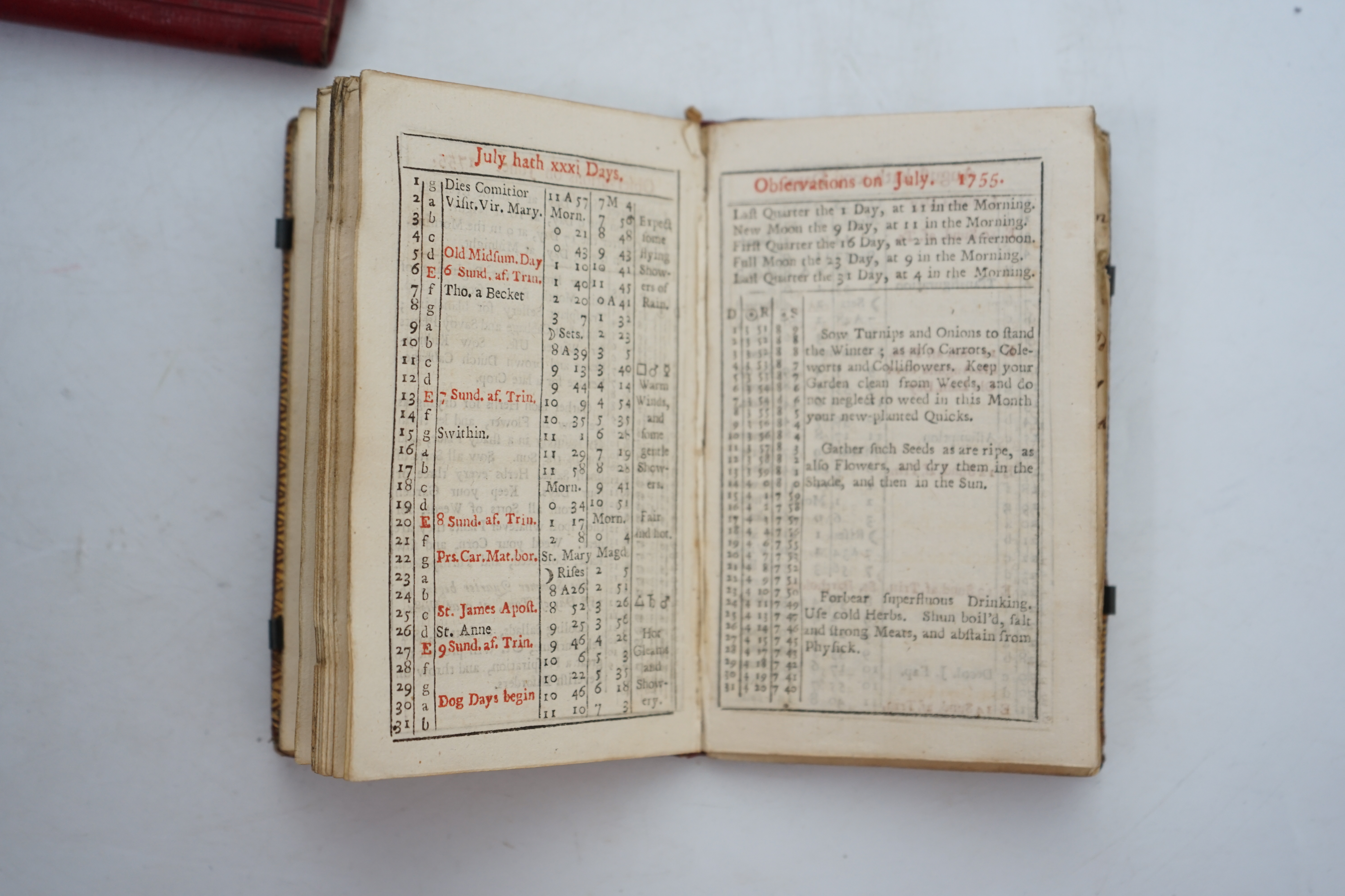 Rider, Cardanus [Richard Saunders] - Rider’s British Merlin: For the Year of our Lord God 1755, 72 unpaginated pages, 12mo, gilt tooled red morocco with floral engraved silver bosses, two each cover, together with a mid